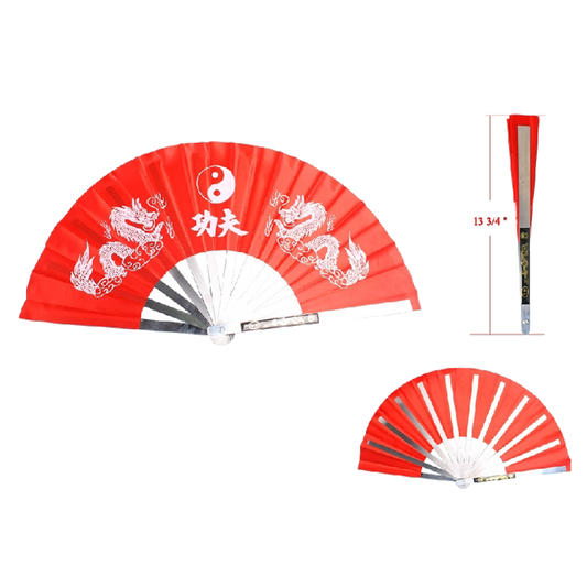 13 1/2" X 26" Steel black kung fu fan in red