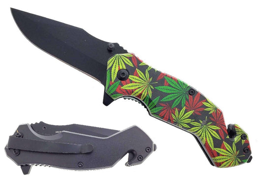 Guild Arms Marijuana Flag Spring Assisted Knife with Colorful Leaf Design and Durable Blade