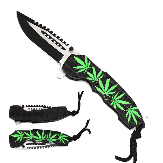 Guild Arms Spring Assisted Pocket Knife with marijuana handles pocket knife design and serrated edge
