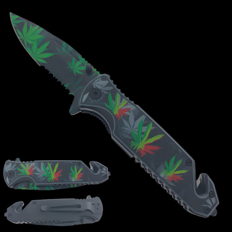 Guild Arms Marijuana Weed Handle Spring Assisted Knife with a vibrant leaf design and serrated edge