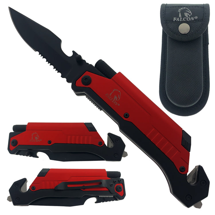 Multi-Tool - Falcon Spring Assisted Knife Red Handle with Firestarter and Flashlight for outdoor use
