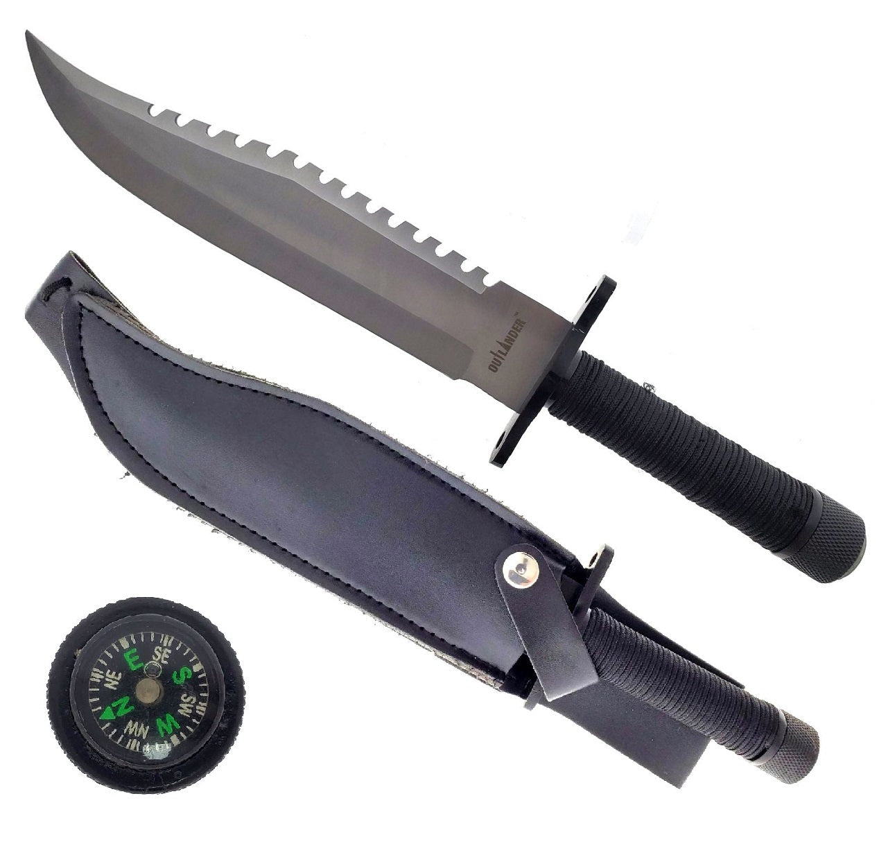 Outlander Survival Hunting Knife with Compass and Firestarter, featuring a serrated blade and sheath
