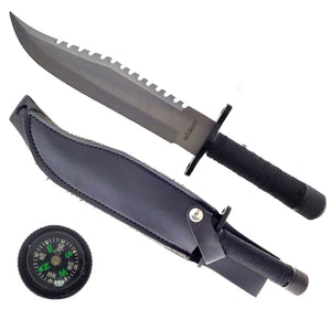 Outlander Survival Hunting Knife with Compass and Firestarter, featuring a serrated blade and sheath