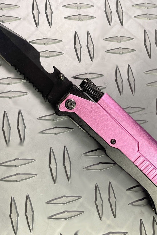 Pink Multi-Tool Folding Knife with Flashlight - Survival Knife with Fire Starter, Flashlight from Guild Arms on metal background