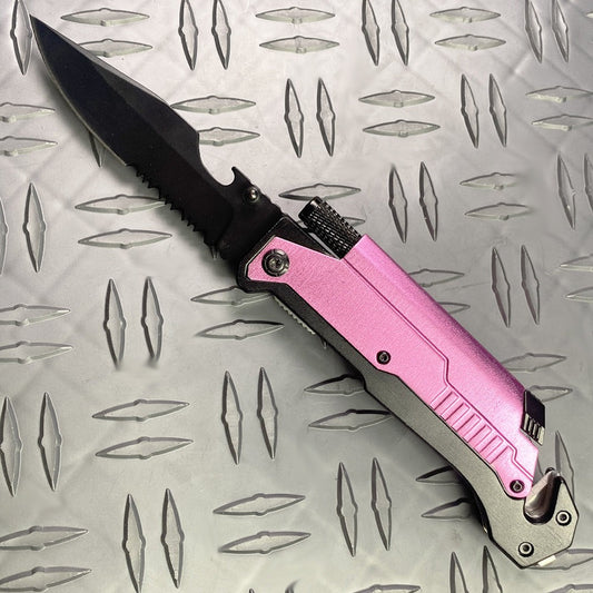 Pink Multi-Tool Folding Knife with Flashlight - Survival Knife with Fire Starter, Flashlight from Guild Arms on metal background