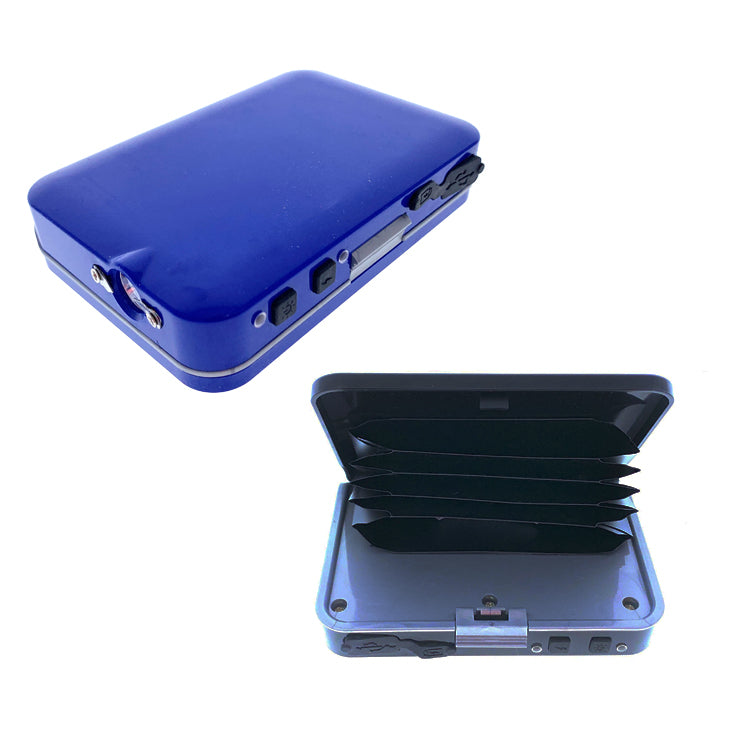 Guild Arms portable blue wallet stun gun battery device shown closed and open with card compartments
