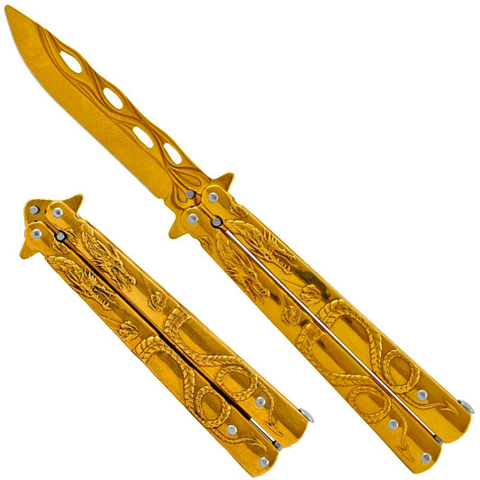 Guild Arms practice balisong butterfly knife with dragon handle in gold color, trainer knife with intricate dragon design