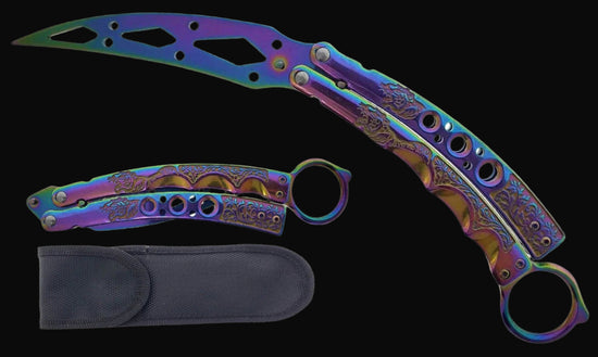 Guild Arms rainbow butterfly trainer knife with detailed handle and black carrying case