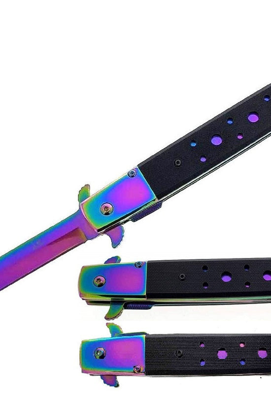 Rainbow Spring Assisted Knife Wood Handle with a sleek design and colorful blade for versatile everyday use