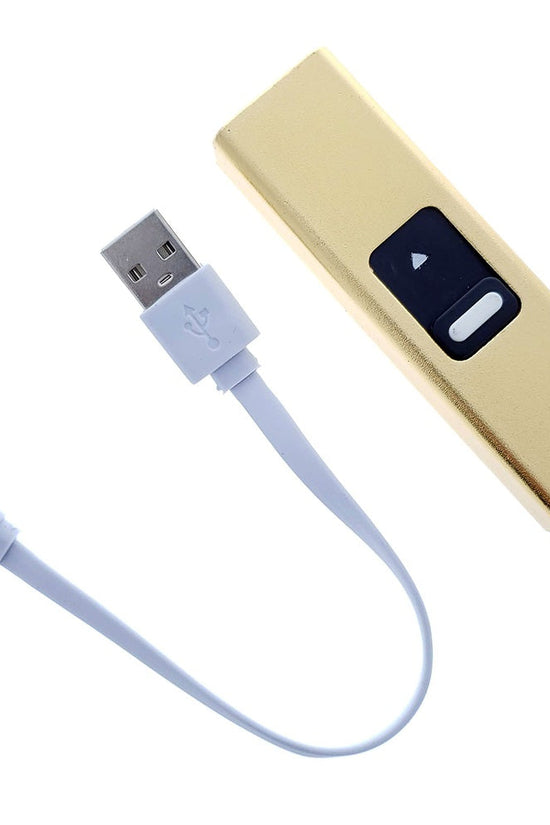 Guild Arms rechargeable mini stun gun with flashlight and USB charging cable in gold color