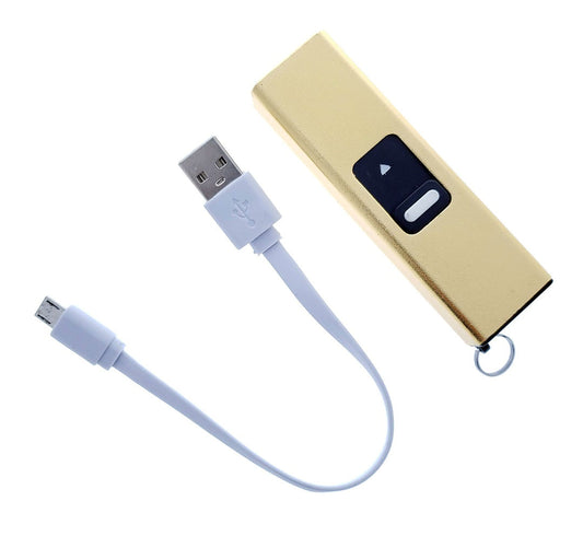 Guild Arms rechargeable mini stun gun with flashlight and USB charging cable in gold color