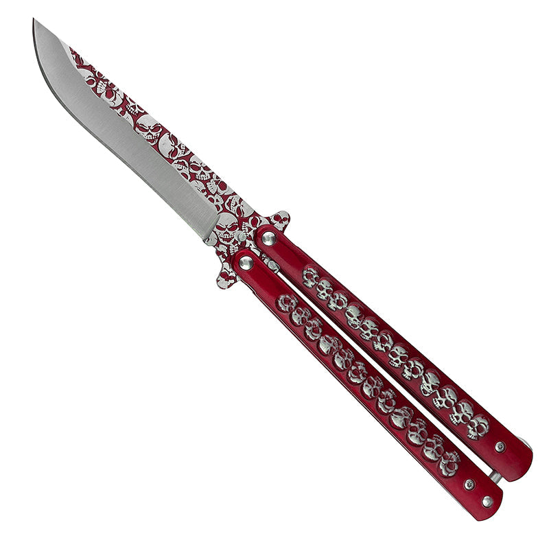 Red Skulls Engraved Trainer Butterfly Knife by Guild Arms with detailed skull design and sharp blade