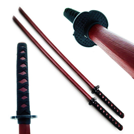 Red wooden bokken samurai sword by Guild Arms with a textured handle and two-piece design