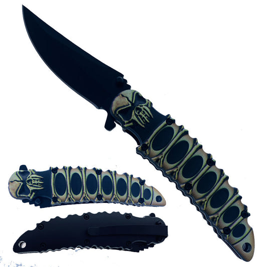 Guild Arms skull handle spring assisted knife with sleek black blade and durable design for everyday carry