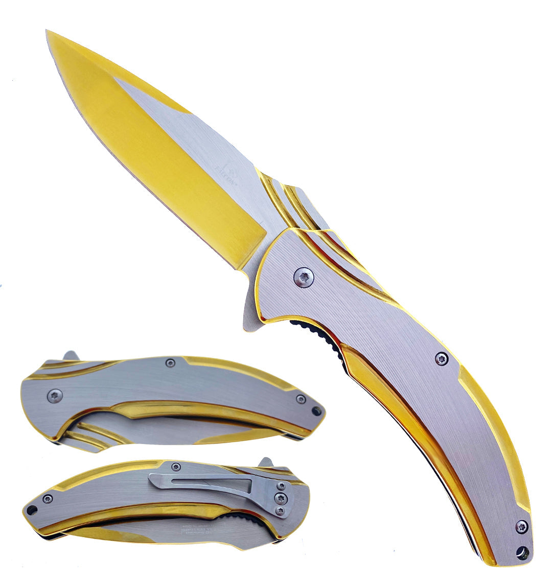 Falcon Spring Assisted Pocket Knife - Titanium Coated Blade & Handle with a sleek yellow design
