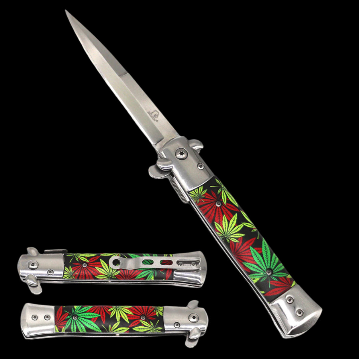 Falcon spring assisted stiletto knife pocket folder with stainless spear blade and red green cannabis leaf handle design