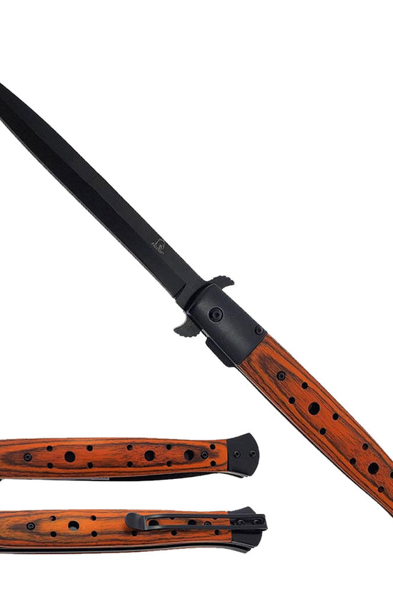 Guild Arms Stiletto Spring Assisted Pocket Knife with a sleek black blade and wooden handle