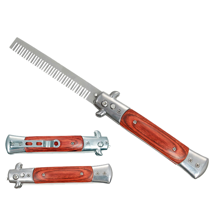 Guild Arms Stiletto Switchblade Comb Knife with Wood Handle and Metal Accents for Styling