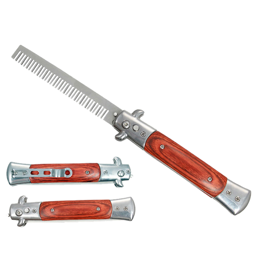 Guild Arms Stiletto Switchblade Comb Knife with Wood Handle and Metal Accents for Styling