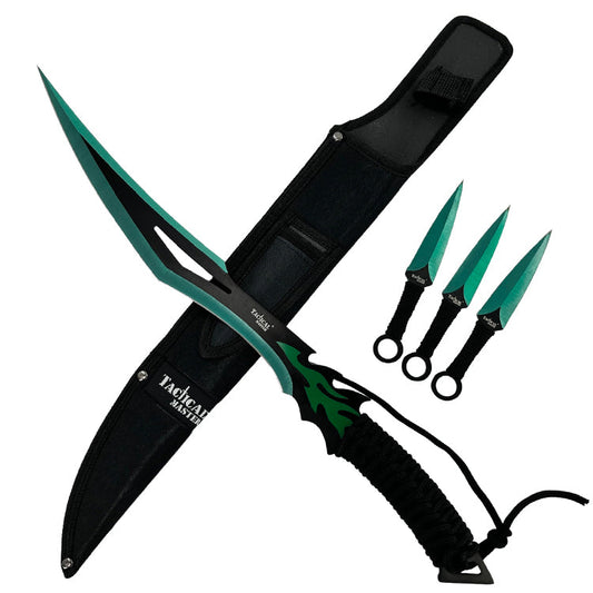 Tactical Flame Hunting Machete and Throwing Knives set with a sleek black design and green accents