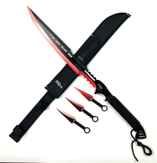 Tactical Master Tactical Hunting Machete and Throwing Knives Set with sleek red accents and durable sheath