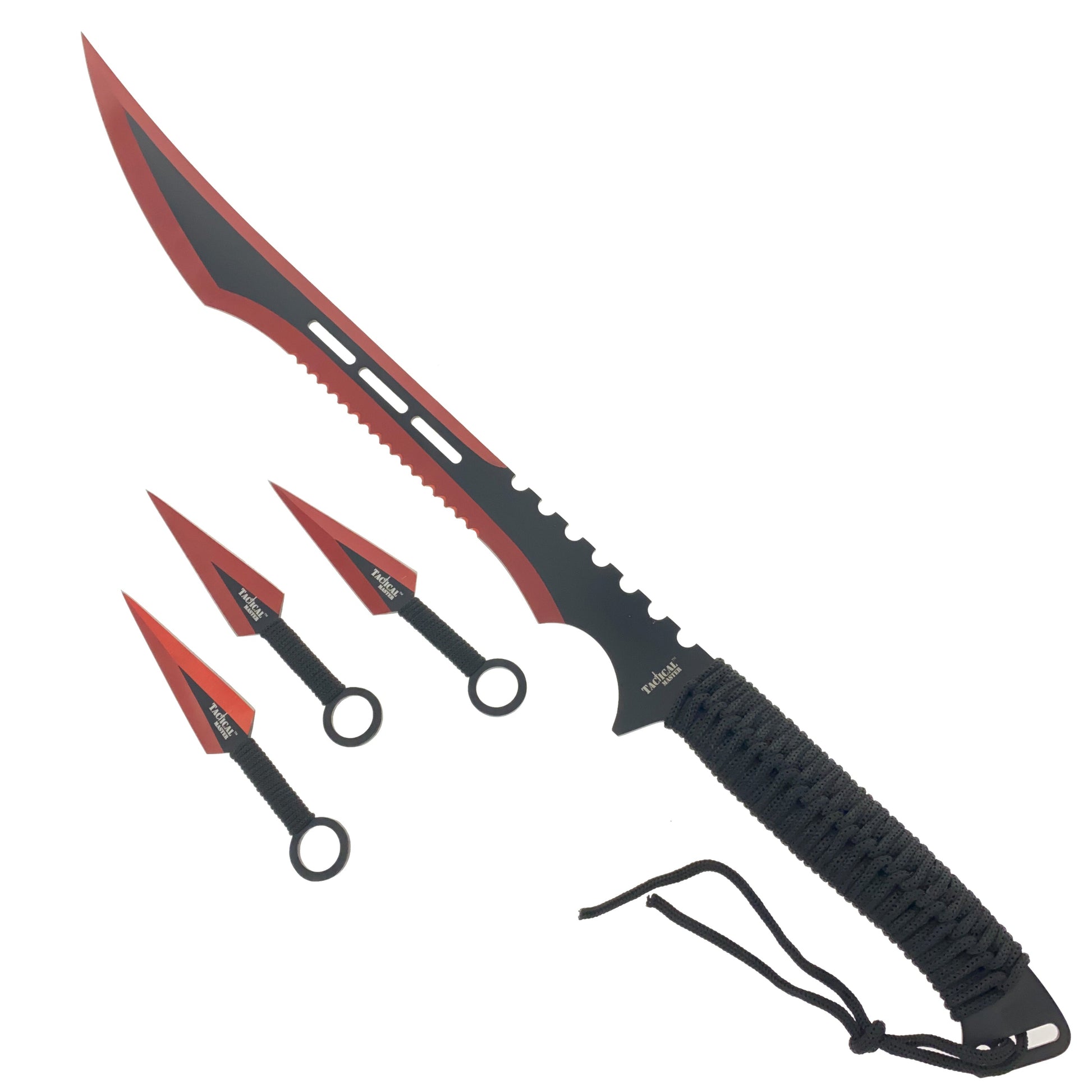 Guild Arms tactical machete and throwing knives set with a sharp, sleek blade and three matching throwing knives