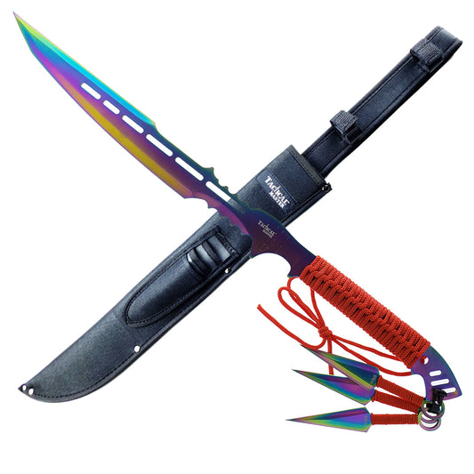 Tactical Master Tactical Machete and Throwing Knives Set with Rainbow Blade and Corded Handle