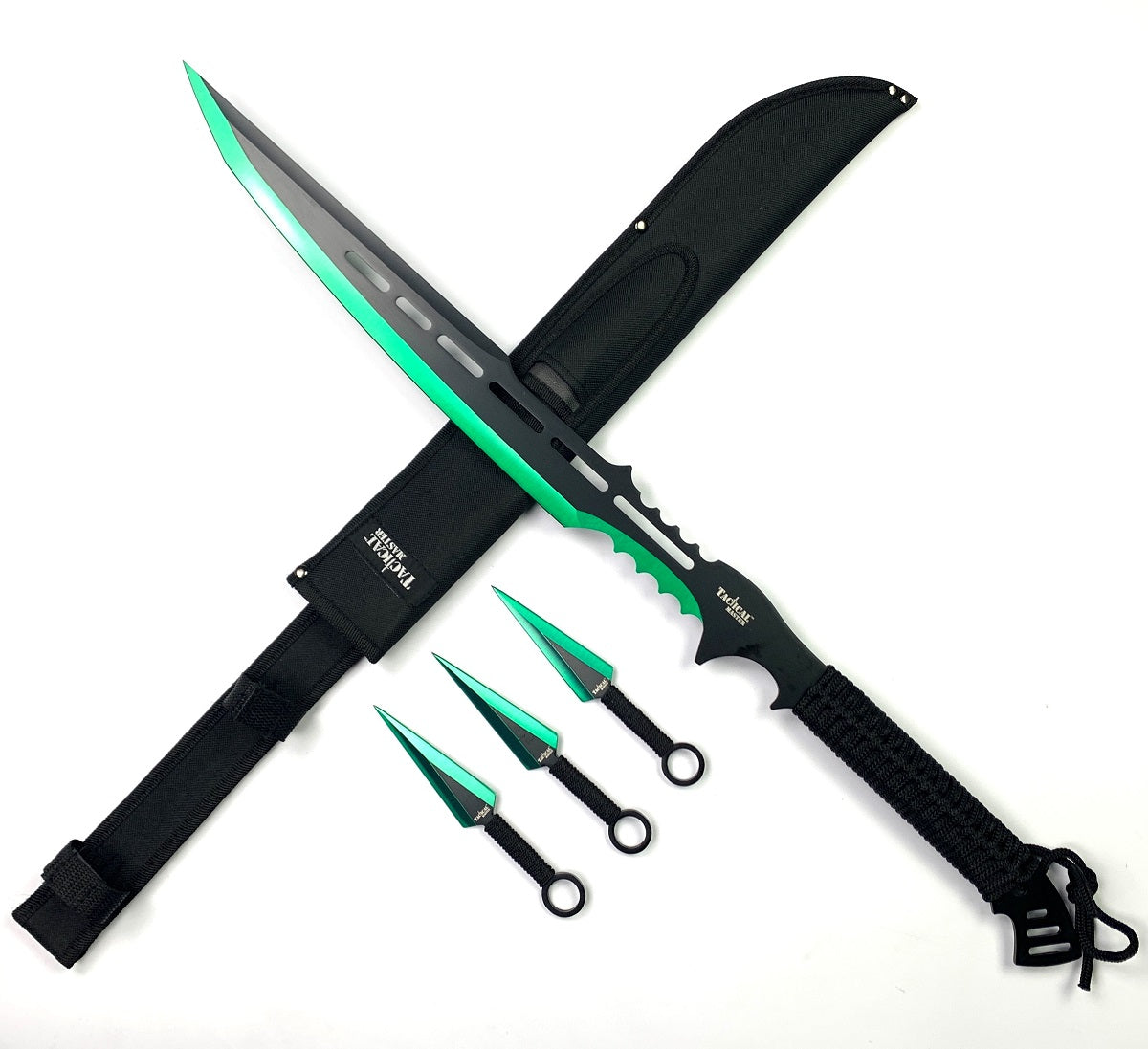 Tactical Master tactical machete with throwing knives and protective sheath for outdoor use