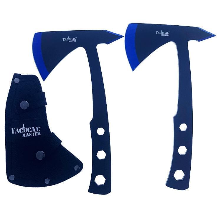 Tactical Master 2 Piece Axe Blue Set with durable blades and protective sheath for outdoor use