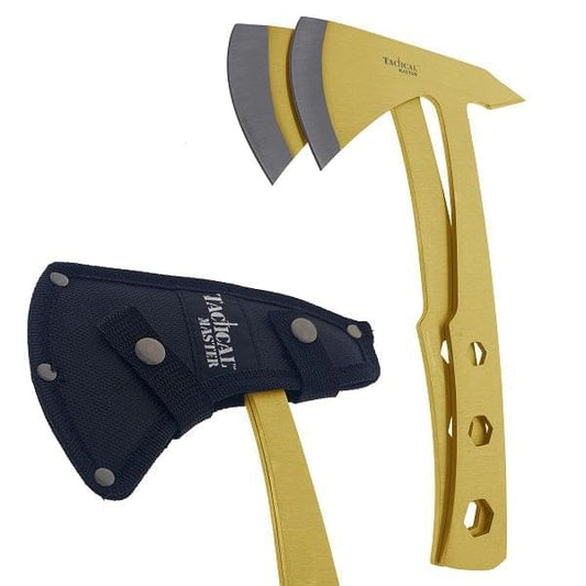 Tactical Master 2 Piece Axe Gold Set with dual blades and protective sheath for versatile outdoor use
