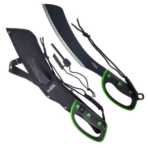 Tactical Master machete with black blade and green handle for the best machete for camping and survival