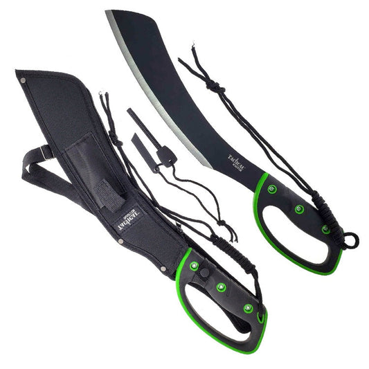 Tactical Master machete with black blade and green handle for the best machete for camping and survival