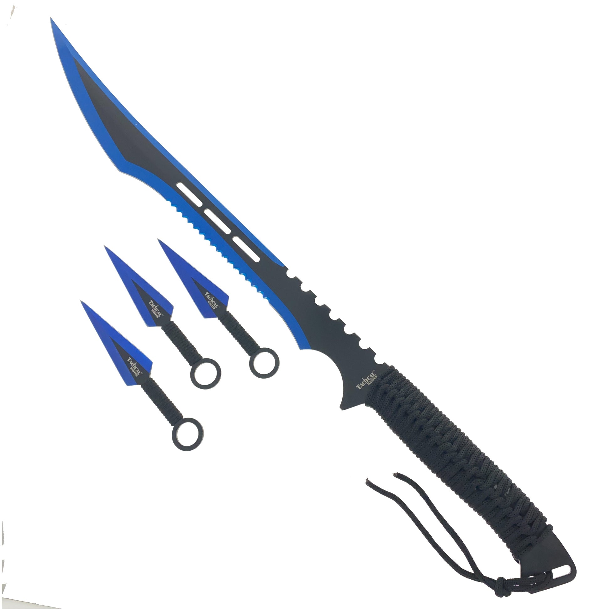 Tactical Master Blue Machete Throwing Knives set featuring a large machete and two smaller throwing knives