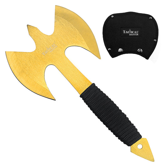 Tactical Master Gold Throwing Axe with a black handle and protective sheath for safe storage