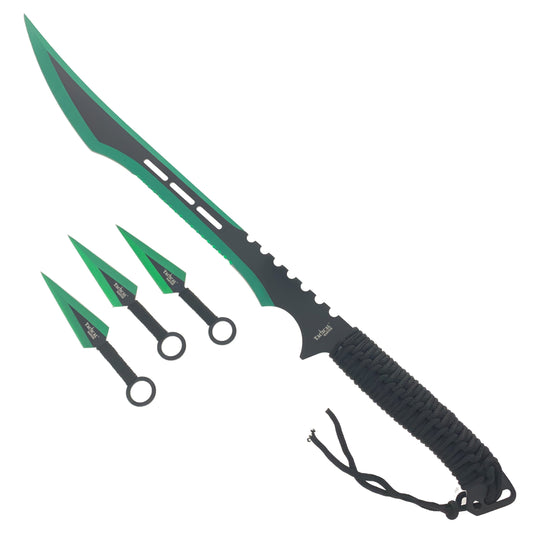 Guild Arms Tactical Master Green Machete with 3 Pcs Throwing Knives for outdoor use