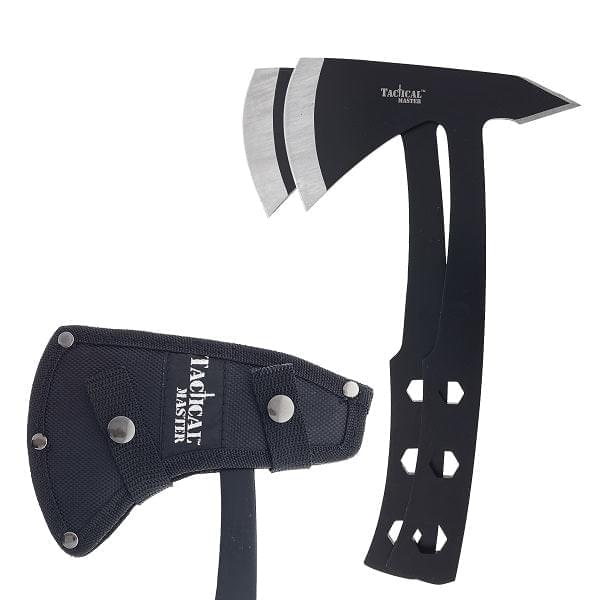 Tactical Master Throwing Axe Set in black with a protective sheath for outdoor throwing activities