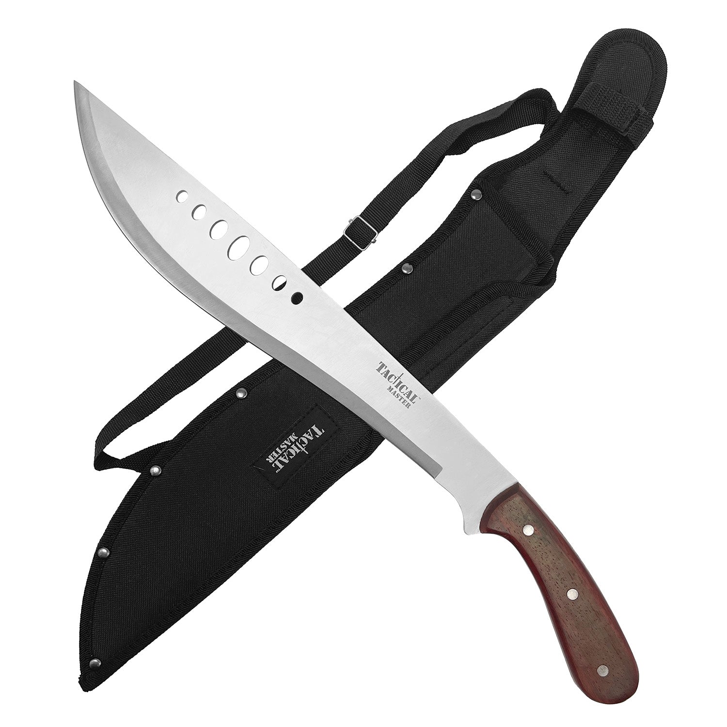 Tactical Master Wood Handle Hunting Machete with Curved Blade and Sheath for Outdoor Adventures
