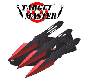 Target Master red throwing knives set with three durable blades and a secure carrying case