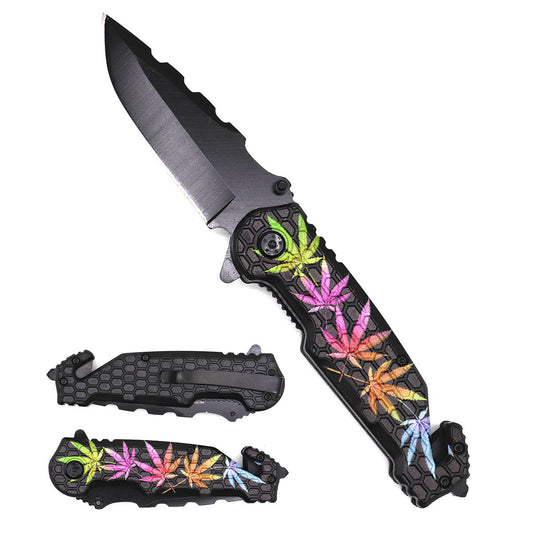 Guild Arms weed leaf handle pocket knife with a black blade and colorful leaf design for outdoor use