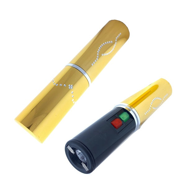 Yellow lipstick stun gun with decorative rhinestones and safety switch